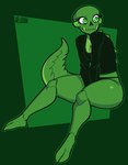 black_bottomwear black_clothing black_topwear bottomwear breasts cleavage clothed clothing eyelashes female green_body green_eyes green_tail hands_between_legs looking_back solo tail thick_thighs three-quarter_view topwear conditional_dnp welwraith homestuck ms_paint_adventures calliope_(homestuck) alien cherub_(homestuck) 2024 digital_drawing_(artwork) digital_media_(artwork) full-length_portrait green_and_white green_theme monochrome portrait signature