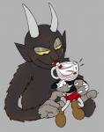 animate_inanimate black_body black_fur bottomwear clothed clothed/nude clothed_male clothing cuphead_(character) cuphead_(game) demon drinking duo fleischer_style_toon for_a_head fur gloves handwear horn larger_male male nude object_head questionable_consent shorts size_difference smaller_male the_devil_(cuphead) toony toxic-boner undressing yellow_eyes