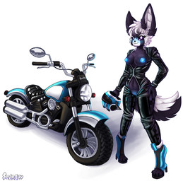 abs anthro armor big_ears blue_genitals blush breasts clothing digitigrade female footwear fur genitals glowing glowing_genitalia glowing_nipples headgear helmet high_heels latex latex_clothing latex_skinsuit motorcycle motorcycle_helmet nipples onesie paws shoes skinsuit small_breasts solo tight_clothing vehicle vulva white_body white_fur zipper sodaduv casper_(sodaduv) canid canine fennec_fox fox mammal true_fox hi_res