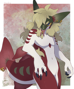 anthro black_claws blue_eyes claws ear_piercing ear_ring ear_stud featureless_crotch fin fin_piercing fin_ring finger_claws furgonomics furry-specific_piercing green_hair hair male navel open_mouth piercing red_body ring_piercing solo teeth tongue tongue_piercing tongue_ring white_body yellow_sclera mochiri fish marine salmon salmonid_(fish) absurd_res hi_res