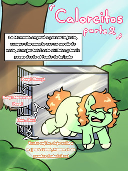 crotch_breasts day dialogue eyelashes eyes_closed female feral green_body hair hooves kick offscreen_character open_mouth orange_hair orange_tail outside plant quadruped shrub sky solo tail text trap_(contrivance) tree young giggle_fluffy's fluffy_pony equid equine fluffy_pony_(species) horse mammal pony 3:4 comic digital_media_(artwork) first_page hi_res spanish_description spanish_text translated translated_description