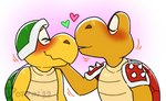 anthro anthro_on_anthro blush duo eyes_closed green_shell intraspecies kissing male male/male red_shell shell smile spikes yellow_body conditional_dnp poppin mario_bros nintendo the_super_mario_bros_movie eyepatch_koopa_(tsmbm) koopa koopa_troopa reptile scalie