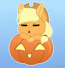 big_ears chibi clothing embarrassed eyes_closed female feral food fruit hair hat headgear headwear jack-o'-lantern long_hair magic plant pumpkin smile solo volodyanocturne friendship_is_magic hasbro my_little_pony applejack_(mlp) equid equine horse mammal pony hi_res