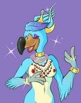 anthro areola beak big_breasts blue_body blue_feathers bracelet breasts crown eyelashes feather_hair feathers female hand_on_breast headgear holding_breast jewelry looking_at_viewer multicolored_body multicolored_feathers necklace nipple_piercing nipples nude open_mouth open_smile piercing pseudo_hair smile solo vanity hirothedragon blitz_games infogrames rift_seekers_saga zapper:_one_wicked_cricket maggie_(zapper:_one_wicked_cricket) avian bird corvid magpie_(corvid) oscine passerine 2021 absurd_res digital_media_(artwork) hi_res shaded signature