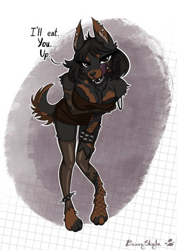 anthro black_hair bra breasts chaplet clothing dialogue ear_piercing ear_ring facial_piercing female hair inner_ear_fluff nose_piercing nose_ring piercing ring_piercing solo tongue tongue_piercing tuft underwear bunnyskyla canid canine canis dobermann domestic_dog mammal pinscher hi_res