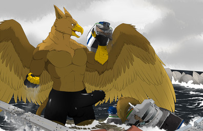 abs anthro balls balls_outline beak biceps boxer_briefs bridge brown_body brown_fur building building_destruction bulge claws clothed clothing destruction detailed_background detailed_bulge erection erection_under_briefs erection_under_clothing extreme_size_difference feathered_wings feathers finger_claws fingerless_gloves fingers fur genital_outline genitals gloves handwear humanoid_genitalia humanoid_penis macro macro_anthro male muscular muscular_anthro muscular_male open_mouth outside pecs penile penis penis_outline sea ship size_difference sky smile solo tail topless underwear vehicle vehicle_destruction water watercraft wings krofty mythology carpo avian gryphon mythological_avian mythological_creature hi_res