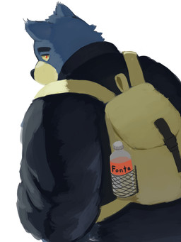 anthro backpack blue_body blue_fur clothed clothing fur kemono male simple_background solo white_background kumamikan bear mammal 2020 3:4 hi_res