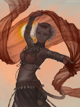 accessory armband belly_dancer bottomwear clothing dancing ear_piercing facial_markings female flower flower_in_hair grey_body grey_skin hair hair_accessory hairband head_markings horn jewelry markings midriff necklace not_furry piercing plant red_eyes skirt solo sun topwear veil wasabipea humanoid 3:4 restricted_palette