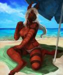 2017 alien anthro areola beach bikini bikini_bottom biped black_body black_nipples black_skin black_stripes blue_sky bottomwear breasts clothed clothing cloud conditional_dnp day detailed_background digital_media_(artwork) digital_painting_(artwork) equid equine female front_view full-length_portrait green_eyes hair hair_over_eye hi_res horse hybrid lizard long_hair looking_at_viewer mammal meylan multicolored_body multicolored_skin nipples non-mammal_breasts on_towel one_eye_obstructed oouna outside parasol portrait red_body red_skin reptile sand scalie sea seaside sitting sky smile snout solo striped_body striped_skin stripes summer swimwear topless towel two-piece_swimsuit two_tone_body two_tone_skin val_(nalz) water white_bottomwear white_clothing white_hair