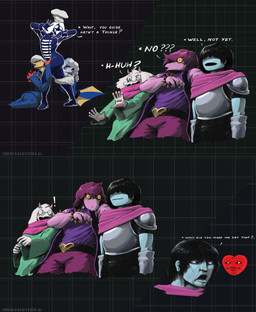 ambiguous_gender anthro armor blue_body dialogue early_modern_english eyewear female freckles fur glasses group hair heart_symbol jojo_pose long_hair magic_user male pose purple_body shocked soul spikes surprised text white_body white_fur yellow_eyes mikelocesterlanders deltarune jojo's_bizarre_adventure undertale_(series) elnina_(deltarune) kris_dreemurr lanino_(deltarune) ralsei rouxls_kaard susie_(deltarune) bovid caprine dinosaur goat human humanoid mammal monster prehistoric_species reptile scalie sheep soul_(undertale) absurd_res english_text hi_res meme