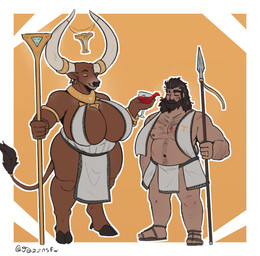 anthro big_breasts black_hair body_hair breasts brown_body chest_hair closed_smile clothed clothing duo eyes_closed facial_hair female female_anthro hair holding_melee_weapon holding_object holding_polearm holding_spear holding_staff holding_weapon huge_breasts male male_human melee_weapon mouth_closed musclegut muscular mustache navel nipples overweight overweight_anthro overweight_human overweight_male polearm simple_background smile spear staff standing tan_body tan_skin weapon jezzlen nekoda_(jezzlen) zhavia_(jezzlen) bovid bovine human mammal hi_res