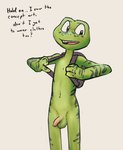 anthro backpack balls foreskin genitals green_body green_skin male narrow_hips nude penis slim small_penis solo thigh_gap thin_thighs mindkog frogger frogger_(character) amphibian frog hi_res