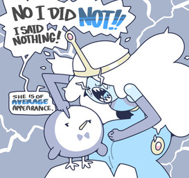 alternate_costume alternate_species alternate_universe ambiguous_gender armwear beak blue_body blue_skin breasts clothing crown dialogue duo elbow_gloves female feral gloves hair handwear headgear humor open_mouth pseudo_hair sharp_teeth simple_background snow speech_bubble teeth text tiara toony tsundere white_hair discount-supervillain adventure_time cartoon_network peppermint_butler princess_bubblegum avian bird human mammal penguin digital_media_(artwork) english_text