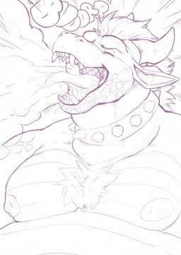 anthro belly big_belly bodily_fluids burp_cloud burping chest_tuft collar eyes_closed male open_mouth overweight overweight_male saliva sharp_teeth solo spiked_collar spikes teeth tongue tongue_out tuft clovishusky mythology dragon mythological_creature mythological_scalie scalie hi_res monochrome pink_and_white