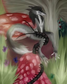 4_toes black_hair countershading detailed_background duo feet female femboy forest fungus fur grey_body grey_fur hair long_ears long_tail looking_away male male/female micro mushroom outside plant tail thick_tail toes tree white_body white_countershading white_fur crushesbeetle ambient_arthropod ambient_butterfly ambient_insect arthropod centipede myriapod sergal absurd_res hi_res