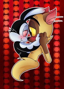 anthro black_body black_ears black_eyes black_fur black_nose black_tail blush blush_lines brown_body brown_ears brown_fur brown_tail duo eye_contact face_to_face fangs foreheads_touching fur half-closed_eyes hand_holding hand_on_chest happy long_ears looking_at_another love male male/male multicolored_body multicolored_fur narrowed_eyes red_background red_eyes red_sclera romantic romantic_couple scut_tail sharp_teeth short_tail side_view simple_background smile surprised tail teeth tongue two_tone_body two_tone_fur white_body white_fur white_nose white_tail yellow_sclera 8-bit-britt bunnicula_(series) bunnicula chester_(bunnicula) domestic_cat felid feline felis lagomorph leporid mammal rabbit vampire 2017 digital_media_(artwork)
