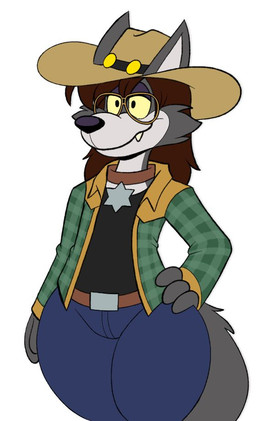 4_fingers anthro badge belt big_butt black_clothing black_shirt black_topwear bottomwear brown_hair butt cartoon_eyes clothing cowboy_hat denim denim_bottomwear denim_clothing eyewear fangs fingers fur glasses grey_body hair hand_on_hip hat headgear headwear jeans long_hair looking_at_viewer male pants pattern_clothing pattern_shirt pattern_topwear pear-shaped_figure plaid plaid_clothing plaid_shirt plaid_topwear sheriff_badge shirt simple_background smile solo star_badge tail teeth toony topwear vest white_background white_body white_fur wide_hips yellow_eyes dghoulie stuart_k_reilly_(character) canid canine canis coyote mammal
