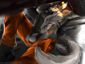 abs anatomically_correct anatomically_correct_genitalia anatomically_correct_penis animal_genitalia animal_penis anthro ball_tuft balls big_penis biped black_hair black_nose black_penis bodily_fluids boots bottomwear bottomwear_down canine_genitalia canine_penis car chest_tuft clothed clothing countershading dirty erection fluffy fluffy_tail footwear fur genital_fluids genitals grey_body grey_fur hair knot looking_at_viewer lying male mechanic muscular muscular_anthro muscular_male oil on_back on_ground pants pants_down partially_clothed penis precum purple_eyes shoes short_hair solo tail tools topless tuft vehicle white_body white_countershading white_fur worker wrench angiewolf curlybutt canid canine canis mammal wolf 2018 digital_media_(artwork) hi_res shaded