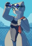 4_fingers anthro blue_eyes breasts chain-link_fence clothed clothing eyewear female fence fingers frown fur goggles grey_body grey_fur kemono one-piece_swimsuit outside pawpads shadow solo standing swimming_goggles swimwear tail towel towel_on_shoulder water wet wet_body wet_clothing wet_fur whiskers el-k ms._ota_(el-k) mammal mustelid otter absurd_res digital_media_(artwork) hi_res shaded