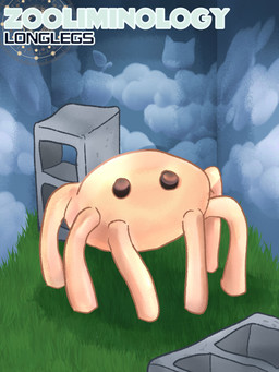 6_legs ambiguous_gender black_eyes black_text blue_clouds cinder_block feral grass green_grass inside mouthless plant solo standing tan_body text white_text ninebaalart the_backrooms zooliminology_project arachnid arthropod longlegs_(zooliminology) spider 3:4 absurd_res english_description hi_res
