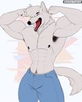 80's_theme abs anthro armpit_hair athletic athletic_anthro athletic_male black_gums black_nipples black_pawpads blue_eyes body_hair bottomwear clothed clothing denim denim_bottomwear denim_clothing facial_hair flexing flexing_bicep flexing_both_biceps flexing_muscles fur happy jeans looking_at_viewer male muscular muscular_anthro muscular_male nipples pants pants_only pattern_background pawpads pubes shirtless_anthro shirtless_male simple_background smile smiling_at_viewer solo topless topless_anthro topless_male underwear white_body white_fur depictionexpress top_k_(depiction_express) canid canine canis mammal wolf 4:5 hi_res