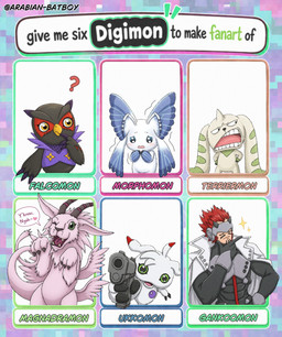 aiming_at_viewer anthro beal black_body black_feathers feathers female feral fur group gun head_wings horn humor long_ears male mask one_eye_closed pink_body pink_fur ranged_weapon text unusual_wing_placement weapon wings wink arabianbatboy bandai_namco digimon digimon_(species) falcomon gankoomon humanoid magnadramon morphomon terriermon ukkomon english_text hi_res