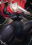 abs action_pose anthro arthropod athletic athletic_anthro athletic_female big_breasts black_body bottomwear breasts bunnemilk cape clothing female hi_res holding_object holding_weapon hollow_knight hornet_(hollow_knight) hotpants huge_breasts midriff non-mammal_breasts pose red_cape red_clothing sewing_needle shorts solo team_cherry thick_thighs under_boob weapon