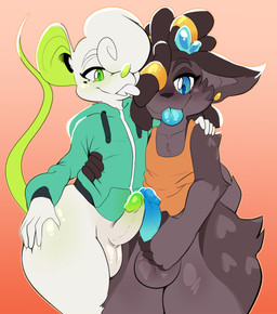 anthro balls big_ears black_body black_nose blep blue_eyes blue_penis blue_tongue blush bottomless buckteeth clothed clothing dreadlocks duo ear_piercing erection femboy frottage genitals glans green_eyes green_glans green_nose heart_(marking) heart_symbol hip_grab hoodie horn male male/male markings mole_(marking) penile penis penises_touching piercing sex shirt standing tank_top teeth tongue tongue_out topwear wide_hips lyme-slyme bradley_(stylusknight) frankie_(lyme-slyme) deer mammal mouse murid murine rodent hi_res