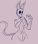 alien anthro breasts claws clothing felid feline female glowing glowing_eyes jumpsuit kara_(monkey_wrench) latex mammal mask monkey_wrench_(series) monochrome skull_mask small_breasts solo standing wayesh zipper_jumpsuit zipping_up