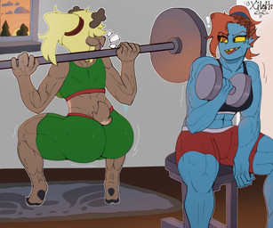 abs anthro antlers athletic_wear back_muscles bench bench_press big_butt bra breasts bubble_butt butt clothing crouching duo exercise female female_anthro female_focus grey_background gym gym_uniform hair hooves horn inside muscular muscular_anthro muscular_arms muscular_female muscular_legs muscular_thighs plant ponytail reindeer_antlers simple_background sports_bra sports_uniform sportswear spots sunset tree underwear uniform weight_bench weightlifting weights window workout workout_clothing third-party_edit zytkal deltarune horns_and_hooves undertale undertale_(series) noelle_holiday undyne deer fish humanoid mammal marine new_world_deer reindeer scalie 6:5 color_edit colored colored_sketch hi_res signature sketch