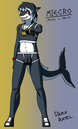 anthro biped bottomwear bulge clothing crop_top footwear fusion gradient male shirt shoes shorts solo standing tank_top text topwear underwear darkratel mielo necro_(character) aquatic fish shark digital_media_(artwork)