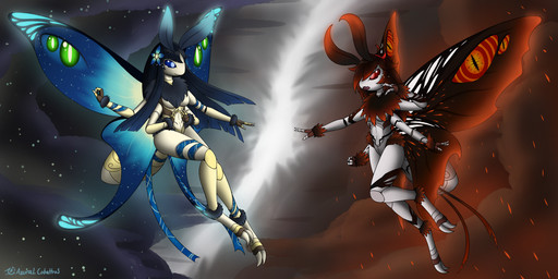4_arms blue_pupils female flying hair insect_wings long_hair multi_arm multi_limb pupils red_eyes red_pupils smile space wings azural_cobaltros lunamiya zerachiel arthropod insect lepidopteran moth 2:1