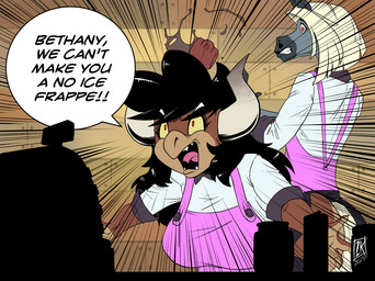 anthro apron beverage black_hair blonde_hair brown_body clothing coffee coffee_mug container cup dialogue duo female grey_body hair horn motion_lines mug sharp_teeth teeth text yellow_sclera zwitterkitsune gail_(zwitterkitsune) samantha_reyes equid equine horse kobold mammal scalie 2025 english_text