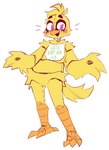 4_toes ambiguous_gender anisodactyl anthro avian_feet beak bib bib_only blush feather_hands feathered_wings feathers feet head_tuft machine purple_eyes smile solo tail tail_feathers toes toony tuft wings yellow_body yellow_feathers g4cruf0 five_nights_at_freddy's scottgames chica_(fnaf) animatronic avian bird chicken galliform gallus_(genus) phasianid robot 2022 digital_media_(artwork) hi_res