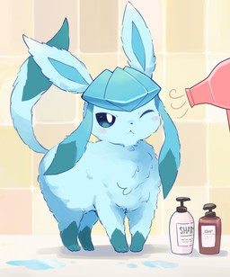 ambiguous_gender blue_body blue_eyes blue_fur blue_hair blush bottle container dryer feral fluffy fluffy_fur fur hair hair_dryer inside one_eye_closed pupils quadruped shampoo shampoo_bottle solo standing tail white_pupils komanyachi nintendo pokemon eeveelution generation_4_pokemon glaceon pokemon_(species) absurd_res colored digital_drawing_(artwork) digital_media_(artwork) hi_res shaded