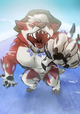 anthro atmospheric_perspective black_pawpads clothing crystal fangs globe hat headgear headwear intimate macro male multicolored_body open_mouth pawpads reaching reaching_towards_viewer red_eyes solo teeth stampmats hi_res