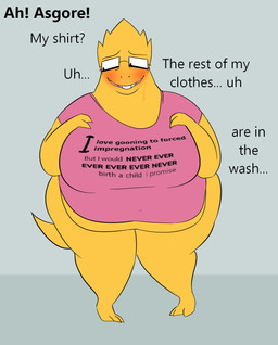 anthro belly belly_overhang big_breasts blush bottomless bottomless_anthro bottomless_female breasts clothed clothing dialogue embarrassed eyewear female glasses huge_breasts looking_away obese obese_female overweight overweight_female scales shirt solo tear_trough text text_on_clothing text_on_shirt text_on_topwear topwear yellow_body yellow_scales oxkingky undertale_(series) alphys reptile scalie 2026 english_text hi_res