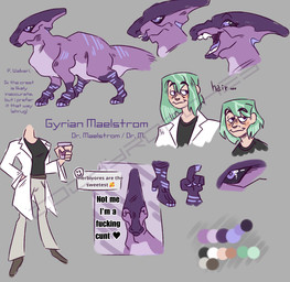 before_and_after clothed clothing coat color_swatch container cup eye_bags eyes_closed feet feral green_hair grey_background hair head_crest holding_object lab_coat looking_at_viewer male nails open_mouth poster profanity purple_body purple_eyes purple_scales scales scientist simple_background solo teeth text toenails toes topwear kakusboyfriend dinosquad dinosaur hadrosaurid human mammal ornithischian ornithopod parasaurolophus prehistoric_species reptile scalie english_text hi_res model_sheet