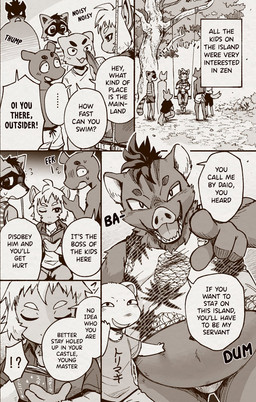 anthro bully clothing dialogue group kemono male overweight overweight_anthro overweight_male reading shirt summer swing_set tank_top text topwear young young_anthro young_male dark_ishihara third-party_edit araizumi_funaka kaen_nakayoshi haplorhine mammal monkey primate procyonid raccoon suid suine sus_(pig) wild_boar absurd_res comic cover cover_art cover_page english_text hard_translated hi_res monochrome right_to_left translated translation_edit