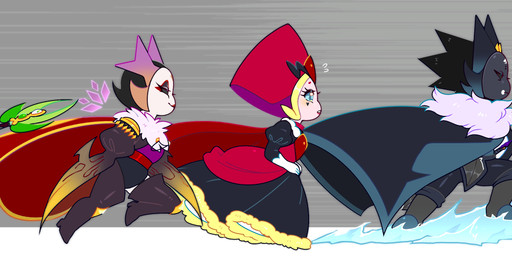 3_horns 5_fingers armor bent_arm bent_leg bent_legs black_body black_boots black_cape black_clothing black_footwear black_hair black_markings black_shoes black_skin blade_arm blue_eyes blue_sclera bodily_fluids boots cape closed_smile clothed clothed_female clothed_humanoid clothed_male clothing dress emerald_(gem) eyelashes facial_markings female female_humanoid fingers footwear fully_clothed fully_clothed_female fully_clothed_humanoid fully_clothed_male fur_trim_(clothing) fur_trim_cape furrowed_eyebrows gem gloves green_eyes green_horn grey_background group hair handwear hat head_markings headgear headwear heart_(marking) holding_melee_weapon holding_object holding_polearm holding_spear holding_weapon horn king lidded_eyes light lips male male_humanoid markings melee_weapon motion_lines mouth_closed multi_horn noseless not_furry pauldron pink_body pink_eyes pink_horn pink_skin polearm purple_clothing purple_footwear purple_knee_boots queen red_cape red_clothing red_dress red_hat red_headwear red_lips royalty running shoes short_hair simple_background smile spear spiky_hair sweat sweatdrop thin_eyebrows water weapon white_body white_clothing white_gloves white_handwear white_skin eiffia cardverse king_clover king_vladimir queen_diona queen_genevieve_(eiffia) cardling horned_humanoid humanoid 2025 absurd_res colored digital_drawing_(artwork) digital_media_(artwork) english_description hi_res lighting shaded