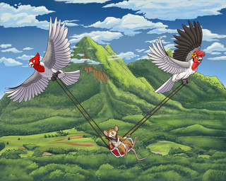 anthro beak brown_body brown_fur feathered_wings feathers female feral flying fur grey_body grey_feathers group male open_beak open_mouth outside scarf tail trio wings likeshine kalena_pau manu_koa tofu_(ralenfox) avian bird cardinal-tanager mammal mouse murid murine oscine passerine red-crested_cardinal rodent tanager hi_res