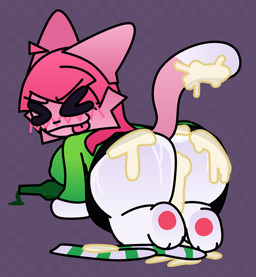 >w< alcohol anthro beer beer_bottle bent_over beverage big_butt black_clothing black_shirt black_topwear blush blush_lines bodily_fluids bottle bottomwear breasts butt butt_focus cat_tail checkered checkered_background clothing container cum cum_drip cum_dripping_on_floor cum_from_ass cum_in_ass cum_inside cum_on_body cum_on_butt cum_on_ground cum_on_tail directional_arrow dripping eyes_closed female footwear fur genital_fluids glistening glistening_butt green_clothing green_shirt green_topwear hair legwear nipple_outline pattern_background pattern_clothing pattern_legwear pawpads paws pink_body pink_fur pink_hair presenting presenting_hindquarters pretending pretending_to_be_drunk shirt simple_background skirt smile socks socks_removed solo striped_clothing striped_legwear stripes sweat sweaty_butt tail text thick_thighs tongue tongue_out topwear white_tip_tail wide_hipped_anthro wide_hipped_female wide_hips paka_mzuri ms._sox_(paka_mzuri) domestic_cat felid feline felis mammal