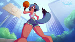 anthro ball basketball basketball_(ball) biped black_nose blue_hair bottomwear breasts building butt city clothed clothing dipstick_tail dolphin_shorts facial_markings female gloves_(marking) hair head_markings looking_back low-angle_view markings mask_(marking) orange_body outside plant rear_view shirt shorts sky solo spinning_ball sport standing tail tail_markings tail_motion tank_top topwear david_lillie brand_new_animal studio_trigger michiru_kagemori canid canine mammal raccoon_dog tanuki 16:9 2024 absurd_res animated digital_media_(artwork) hi_res no_sound short_playtime webm widescreen