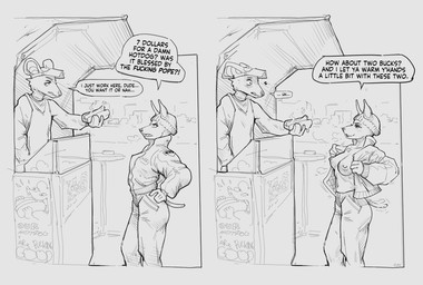 angry anthro areola assertive_female bargaining blush blush_lines chest_tuft clothed clothing cold dialogue duo eyelashes fast_food female flashing flashing_breasts food fully_clothed holding_food holding_object hot_dog jacket long_eyelashes male male/female nipple_outline nipple_piercing nipples no_bra no_underwear piercing simple_background tail tail_motion tailwag talking_to_another text topwear tuft two_panel_image syn-6 jessica_(syn-6) canid canine canis dobermann domestic_dog mammal murid murine pinscher rat rodent comic english_text hi_res monochrome sketch