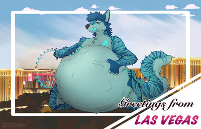 abdominal_bulge anthro anthro_pred belly big_belly blue_body blue_fur fur hand_imprint huge_belly imprint las_vegas macro male orb outside paw_imprint paw_on_belly postcard solo tail text tongue tongue_out vore makar-ro pads_(padsthewolf) canid canine canis mammal wolf absurd_res english_text hi_res