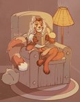 anthro armchair barefoot book bottomwear chair clothing feet female furniture holding_book holding_object inside lamp looking_at_viewer navel on_armchair one_eye_closed pillow shirt shorts sitting smile solo topwear vailet_deer rupey ailurid mammal red_panda 2020 hi_res