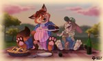 anthro apron balls belly black_nose bodily_fluids bottomwear clothing duo erection feet food genital_fluids genitals hat headgear headwear humanoid_genitalia humanoid_penis male male/male open_mouth overalls pants pastry penis pie precum shirt sitting slightly_chubby topwear catsnbriefs disney zootopia gideon_grey stu_hopps canid canine fox lagomorph leporid mammal rabbit 2025 hi_res