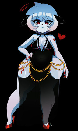 anthro black_clothing black_dress black_ears black_nails blood bodily_fluids chain clothing colored_nails dress female footwear fur gold_(metal) gold_chain halo hand_on_hip heart_pupils heart_symbol high_heels nails pupils red_pupils shoes smile smiling_at_viewer solo thick_thighs white_body white_fur nupi hollow_hip_backless_chain_dress nopy_(nupi) canid canine mammal hi_res