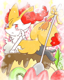 :< ambiguous_anthro ambiguous_gender anthro biped blush cherry cutlery dairy_products dessert digitigrade dipstick_tail flan food fruit kitchen_utensils kiwifruit looking_at_viewer lying markings melon micro object_in_tail on_front plant shrimp_(food) side_view snout solo spoon strawberry tail tail_markings tools whipped_cream annyui0611 nintendo pokemon braixen canid generation_6_pokemon mammal pokemon_(species) 2022 digital_drawing_(artwork) digital_media_(artwork) full-length_portrait hi_res japanese_description portrait translated_description