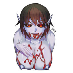 ahegao blood bodily_fluids breast_grab breasts female grey_body grey_skin hair hand_on_breast looking_pleasured nipples not_furry red_eyes red_hair solo zoexy humanoid vampire 1:1